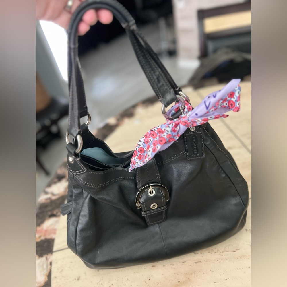 Coach Black Leather Madison Lynn SoHo Buckle Shoulder Bag with Pink Floral Scarf
